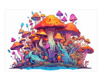 May include: A colourful illustration of a cluster of mushrooms. The mushrooms have orange, red, pink, and purple caps with blue and green stems. The artwork has a whimsical, psychedelic style, set against a white background.
