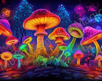 May include: A psychedelic illustration of a forest filled with colorful glowing mushrooms. The mushrooms are various sizes and shapes, with some having red, orange, yellow, green, blue, purple, and pink hues. The background is a dark blue with stars and glowing orbs.
