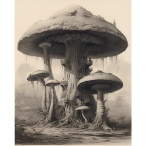 Charcoal Magical Mushrooms - 30 monochrome images of fantasy mushroomms