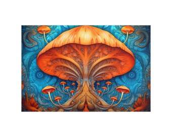 May include: A psychedelic illustration of a large orange mushroom with a blue and swirling background. The mushroom has a complex, fractal-like pattern and is surrounded by smaller mushrooms.