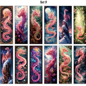 May include: Set of 18 digital art prints featuring pink dragons with intricate details and colorful backgrounds. The dragons are depicted in various poses and settings, including a moonlit sky, a forest, and a snowy mountain.