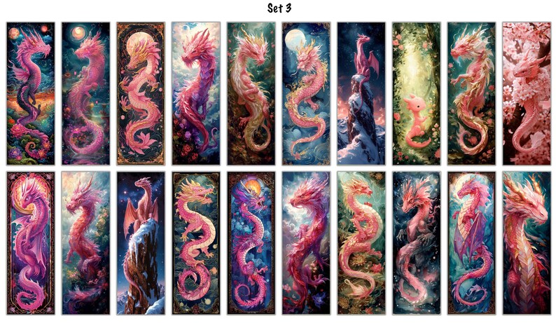 May include: Set of 18 digital art prints featuring pink dragons with intricate details and colorful backgrounds. The dragons are depicted in various poses and settings, including a moonlit sky, a forest, and a snowy mountain.