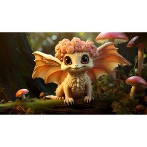 May include: A small, light brown dragon with large, bright eyes and a pink flower crown sits on a tree branch in a forest setting. The dragon has large, feathery wings and a sweet expression.