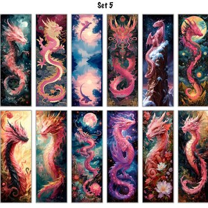 May include: Set of 18 digital illustrations featuring pink dragons in various poses and settings. The dragons are depicted with intricate details and vibrant colors, including purple, blue, and gold accents. The backgrounds include celestial scenes, floral arrangements, and natural landscapes.
