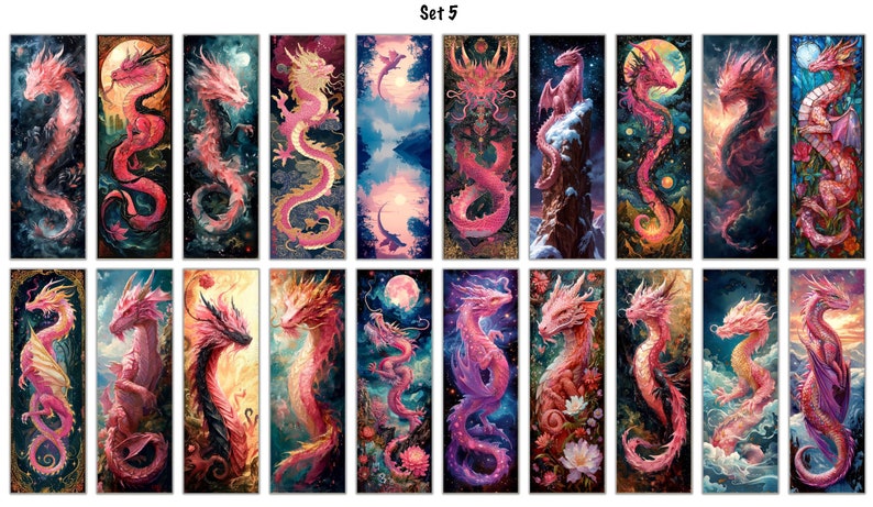 May include: Set of 18 digital illustrations featuring pink dragons in various poses and settings. The dragons are depicted with intricate details and vibrant colors, including purple, blue, and gold accents. The backgrounds include celestial scenes, floral arrangements, and natural landscapes.