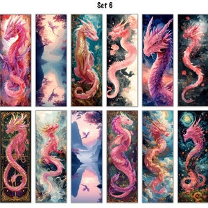 May include: Set of 20 digital paintings featuring pink and purple dragons in various poses and settings. The dragons are depicted with intricate details and vibrant colors. The backgrounds include landscapes, clouds, and celestial bodies.