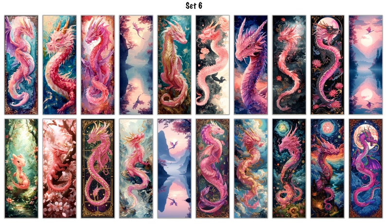 May include: Set of 20 digital paintings featuring pink and purple dragons in various poses and settings. The dragons are depicted with intricate details and vibrant colors. The backgrounds include landscapes, clouds, and celestial bodies.