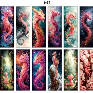 May include: Set of 18 digital paintings featuring pink dragons in various poses and settings. The dragons are depicted in a variety of styles, from realistic to whimsical. Some of the settings include a forest, a lake, and a starry sky.