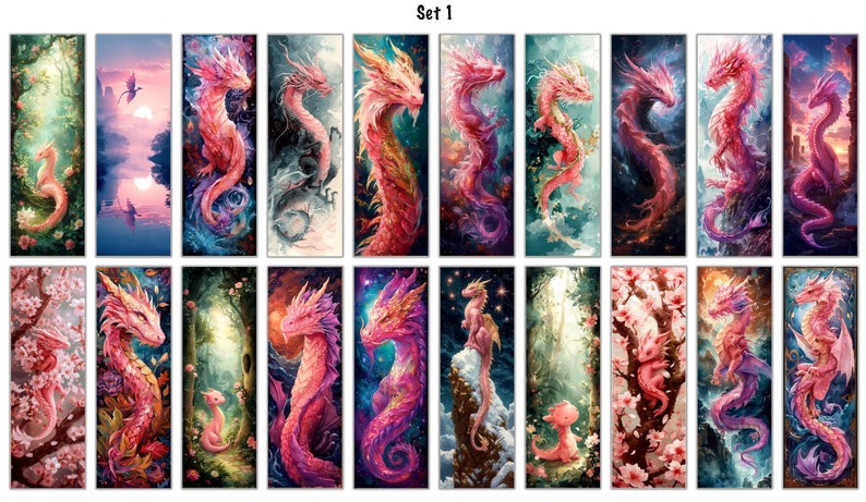 May include: Set of 18 digital paintings featuring pink dragons in various poses and settings. The dragons are depicted in a variety of styles, from realistic to whimsical. Some of the settings include a forest, a lake, and a starry sky.