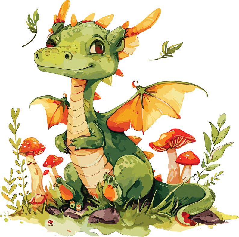 Bundle of Cute Baby Dragons With Mushrooms Clipart. SVG, PNG, and JPG