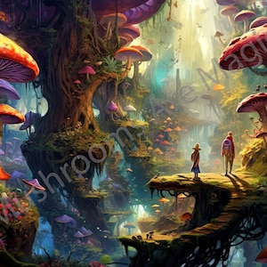 A collection of 36 images of fantasy, deep jungle, mushroom villages, often occupied by mysterious mythical creatures