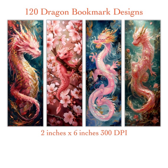 120 Pink Dragon Bookmark PNG Bundle. Bookmark Design Bundle. Fantasy Dragon Bookmarks PNG Bundle. Watercolor, Palette Knife, Impressionist