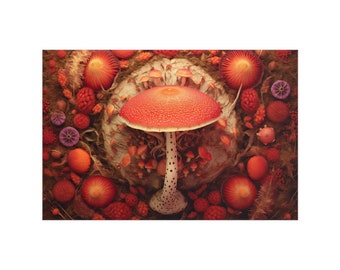 May include: A large red mushroom with white spots on its stem sits in the centre of a circle of smaller red mushrooms. The background is a brown, textured surface with small red and purple flowers.
