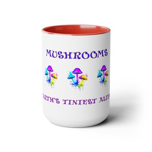Mushrooms / Earth&#39;s Tiniest Aliens -- Two-Tone Coffee Mugs, 15oz. Five interior and handle colors to choose from.