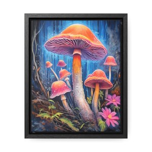 Framed canvas wrap of colorful mushrooms in colored chalk style