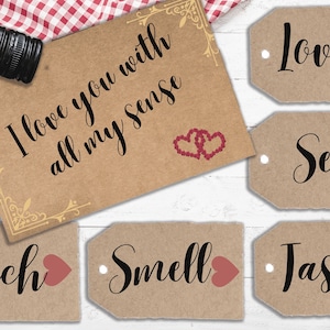 Etiquetas de regalo de los 5 sentidos, etiqueta de regalo de cumpleaños imprimible Etiqueta de regalo del día de San Valentín editable Etiqueta de regalo de corazón personalizada para el amor Pdf descargable Svg
