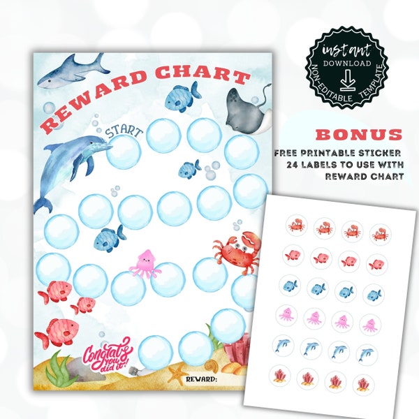 Printable Ocean Animals Reward Chart | Ocean Behavior Chart | Daily Chore Chart | Under the Sea Chore Chart | Cute Under the Sea Stickers