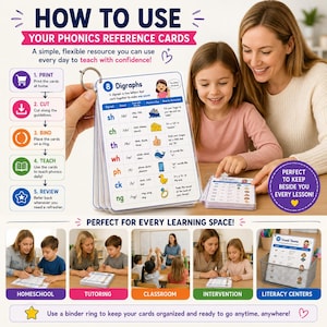 May include: A set of educational phonics reference cards on a metal binder ring. The cards feature a table of digraphs including sh, ch, th, wh, ph, ck, and ng with corresponding sounds, example words, illustrations, and memory tips for teaching phonics.