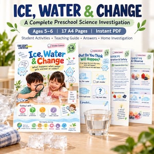 Puede incluir: Un recurso educativo digital titulado Ice, Water & Change, una investigación científica completa para preescolares de 5 a 6 años. El conjunto incluye 17 páginas A4 con actividades para estudiantes, guía didáctica, respuestas y ejercicios en casa.