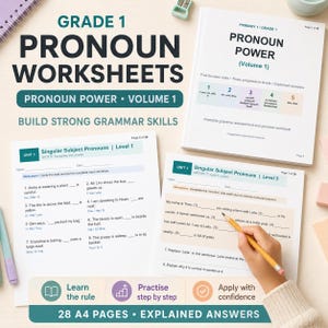 以下が含まれることがあります： Grade 1 Pronoun Worksheets Volume 1の学習用ワークブック。白いページに黒い文字で文法練習問題とユニット見出しが記載されています。表紙にはPronoun Powerというタイトルと番号付きの代名詞リストが表示されています。A4サイズ28ページ構成です。