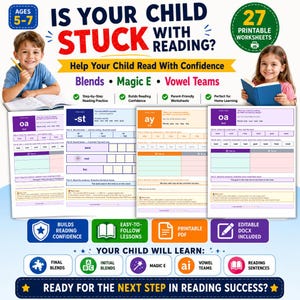 Phonics Reading Practice Niveau 2 | Maternelle Apprendre à lire Feuilles de travail | 5-7 ans Blends Magic E | Téléchargement numérique PDF + DOCX MODIFIABLE