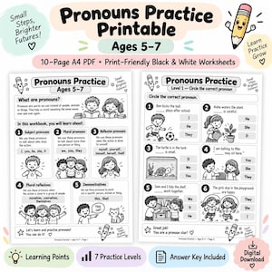以下が含まれることがあります： 5歳から7歳向けの代名詞練習用10ページA4 PDFプリント。子供、カメ、猫のイラストが描かれた白黒のワークシートです。テキストには「Pronouns Practice」、「What are pronouns」、「Level 1 Circle the correct pronoun」が含まれています。