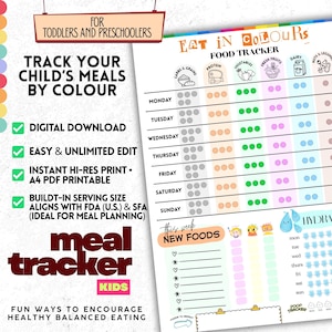 May include: A colorful meal tracker for toddlers and preschoolers. The printable chart, titled "Eat in Colors," helps track meals by color, with sections for carbs, protein, vegetables, fruits, dairy, and more. Includes a hydration tracker and space for new foods.