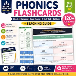 May include: Phonics flashcards for ages 4-8, featuring blends, digraphs, vowel teams, and R-controlled words. Includes a teaching guide, blending activities, and step-by-step instructions. The set contains over 120 flashcards, designed to build strong reading skills.