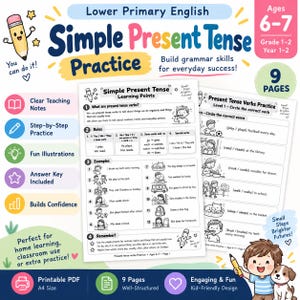 May include: A nine-page printable PDF educational worksheet set for ages 6-7, titled Lower Primary English Simple Present Tense Practice. The pages feature black and white grammar lessons, verb conjugation rules, and exercises with illustrations.