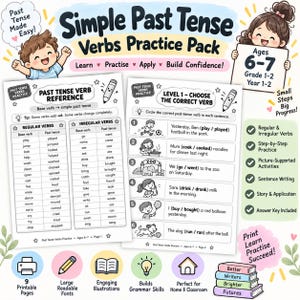Può includere: Un set di schede didattiche Simple Past Tense Verbs Practice Pack per bambini di 6-7 anni. Include un foglio di riferimento per verbi regolari e irregolari e una pagina di esercizi di livello 1 con frasi, illustrata con personaggi cartoon.