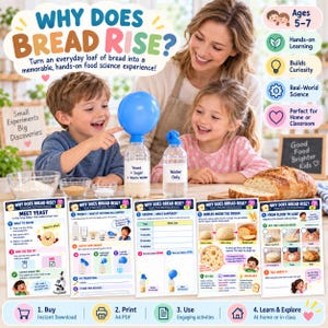 Pode incluir: Um kit educativo de ciência alimentar intitulado Why Does Bread Rise? com cinco folhas de atividades imprimíveis, instruções para uma experiência com fermento e balão, e ícones para idades de 5-7 anos, aprendizagem prática e uso em casa ou na sala.