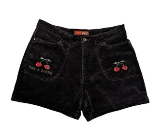 Vintage Cherry Diamante Black Denim Shorts