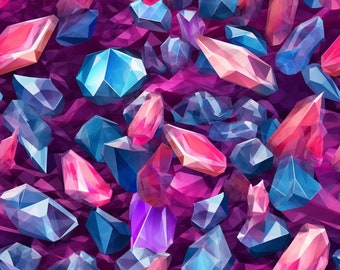 Ilustración colorida de diamantes y cristales de hielo sobre un fondo rosa oscuro / Descarga digital / PNG
