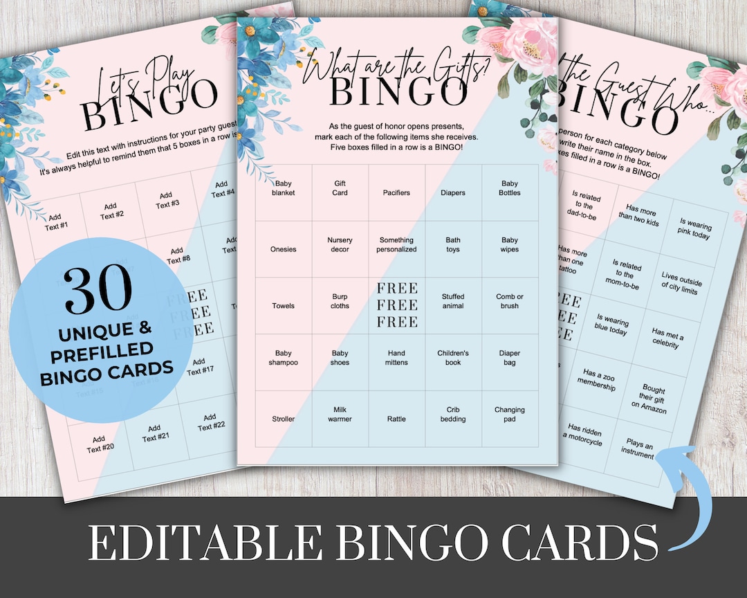 Editable Bingo Cards: Gender Reveal | Baby Shower | Birthday Party ...