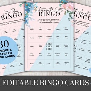 Tarjetas de bingo editables: Revelación de género / Baby Shower / Fiesta de cumpleaños - Rosa y azul, Género neutro, Juego de despedida de soltera, Digital, Imprimible