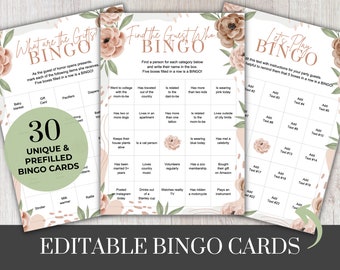 May include: Set of three printable bingo cards with floral accents and the text "What are the Gifts?", "Find the Guest Who?", and "Let's Play Bingo". Includes 30 unique prefilled bingo cards. The words "Editable Bingo Cards" are at the bottom.