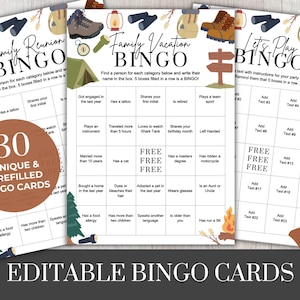 Cartões de bingo editáveis: Viagem à montanha | Acampar | Férias em família | Reunião Familiar | Jogos para a família de verão - download digital, para impressão, diversão