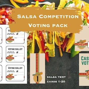 May include: A printable voting pack for a salsa competition. The pack includes voting ballots, a salsa tent card, and a sign that says "Cast Your Vote Here".