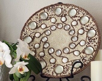 Decorated Plate with White (pearl like) and Brown (copper like) Glass Beads