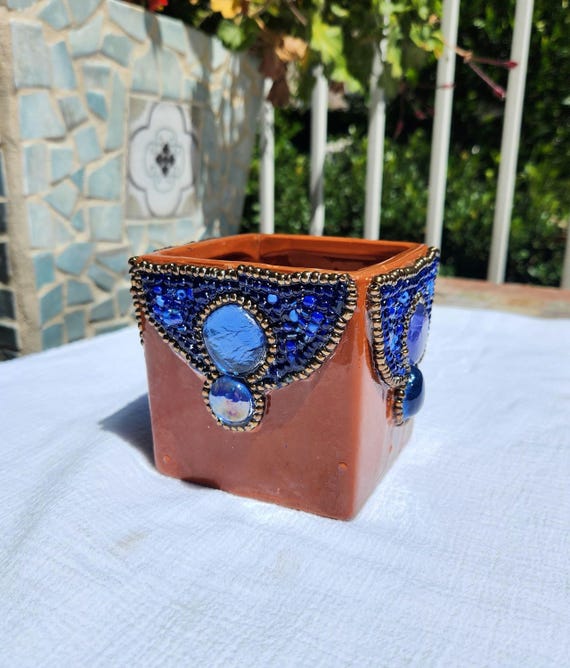 Handmade Mosaic Square Terracotta Pot Decorsted With Blue & Copper Glass  Beads - Etsy
