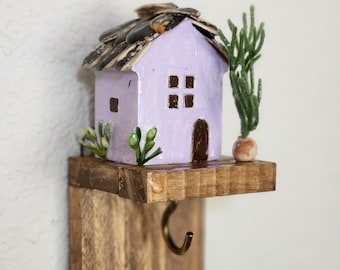 Handmade Lavender Mini House Key Holder, Sunflower Seed Shell Roof, Wood Wall Decor
