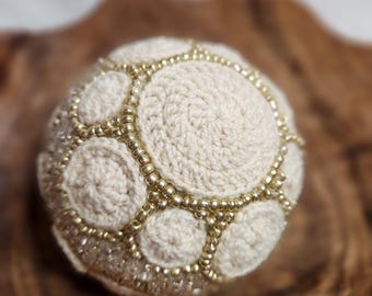 Handmade Crochet Sphere: Beige Merino Wool Orb with Silver Beads