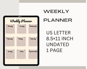 Minimalist, digital,us letter, undated weekly planner, downloadable, printable,1 page,adhd desk Planner, personelized Planner