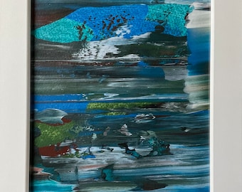 Paisaje acuático / Arte abstracto decorativo de pared pintado a mano con acrílico y enmarcado