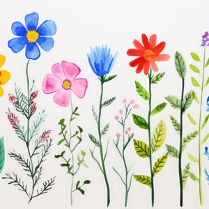 May include: Watercolor painting of a variety of flowers in a garden setting. The flowers are painted in shades of blue, pink, yellow, orange, and red. The flowers are arranged in a row, with the stems extending upwards.