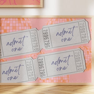 Horizontale Preppy Raum-Dekor-Digitale Wand-Kunstdrucke | Admit One Ticket Print Disco Ball WallArt Studentenwohnheim Wall Prints Cute Fair Ticket Art