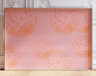 Horizontal Preppy Room Decor Digital Wall Art Prints | Disco Ball Orange PInk Girly Dorm Room Wall Prints Cute Mirrorball Poster | Disco Art