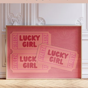 Horizontale Preppy Raum-Dekor-Digitale Wand-Kunstdrucke | Lucky Girl Ticket Print Pink Rot Girly Schlafsäle Zimmer Wand Prints Cute Fair Ticket Art