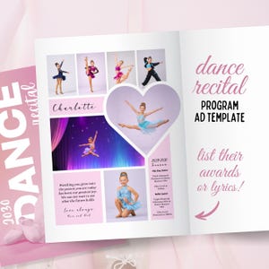 Może przedstawiać: Różowo-biały szablon programu recitalu tanecznego ze zdjęciami młodych tancerzy. Tekst zawiera "dance recital", "Program Ad Template" i miejsce na nagrody lub teksty. Na okładce widnieje napis "2030 Dance Recital."