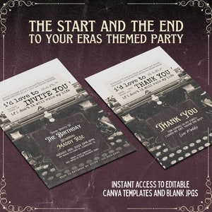 May include: Editable Canva templates for a birthday party with a vintage typewriter theme. The invitation says "You're invited you're invited you're invited... I'd love to invite you if I don't it will ruin my life." The thank you card says "Thank you for coming to my party! I loved my gift, you're the best! Love Maddy."